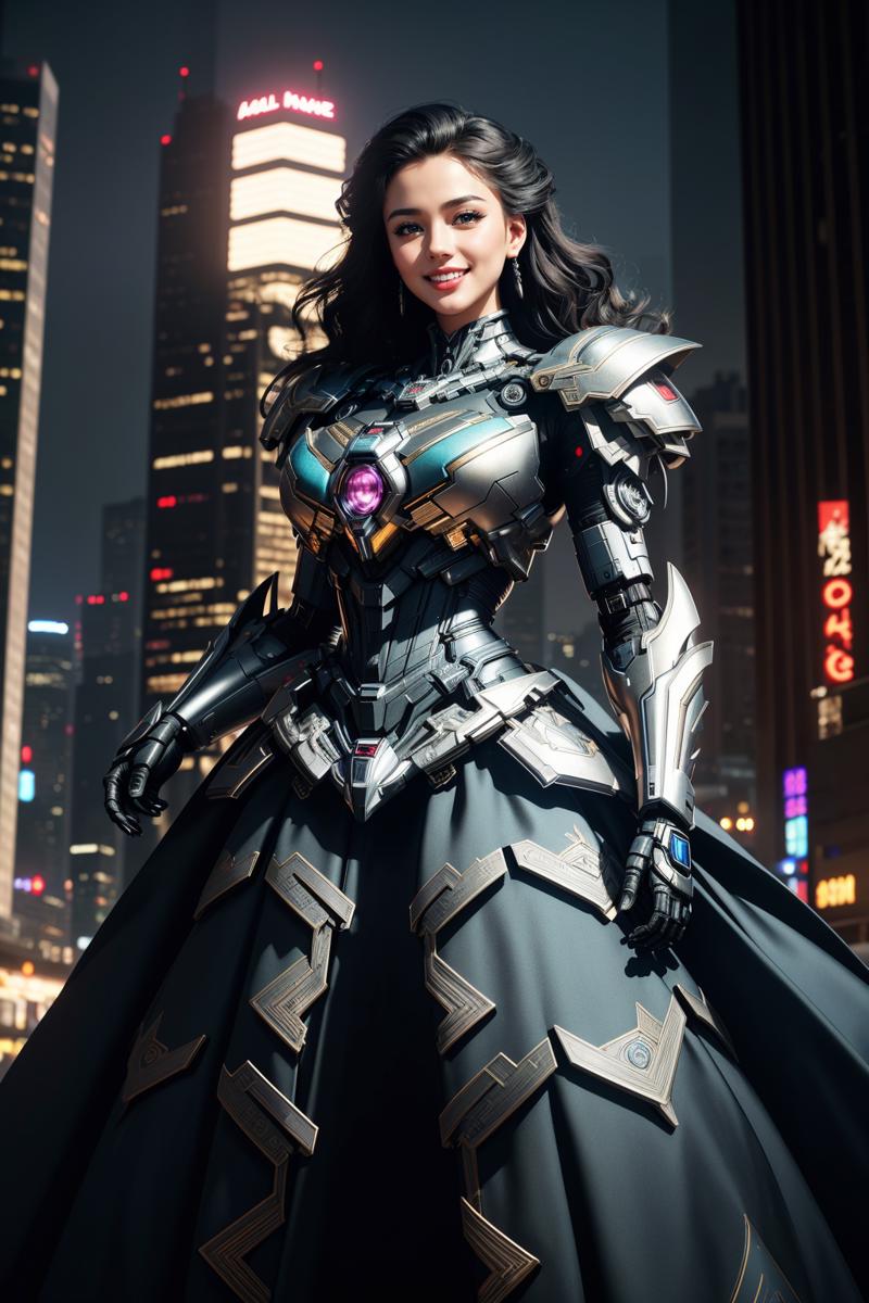 06776-3860070275-((Masterpiece, best quality,edgQuality)), _smiling,excited, edgMecha, a woman in a ballgown standing in front of a city at night.png